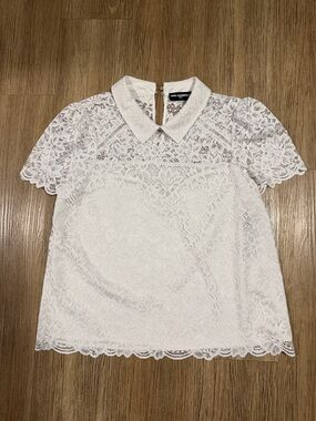 New Karl Lagerfeld White Lace Peter Pan Collar Short Sleeve Blouse L